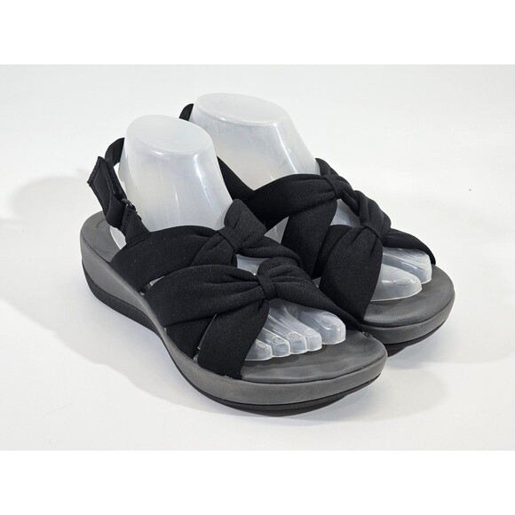 Clarks 8.5 Arla Meg Cloudsteppers Black Fabric Slingback Stretch Wedge EUC - Picture 2 of 10